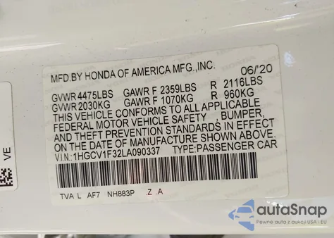 2020 Honda Accord Sport from USA, damaged, VIN 1HGCV1F32LA090337